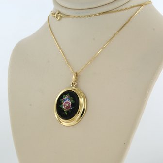 18k gouden collier met hanger met onyx en micro mozaiek in een vorm van een bloem