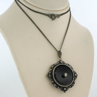 Silver necklace and pendant set with onyx, Bolshevik and rose cut diamonds