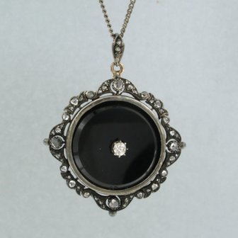 Silver necklace and pendant set with onyx, Bolshevik and rose cut diamonds