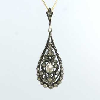 14 kt yellow gold necklace with gold and silver pendant set with diamond tot. 0.30ct