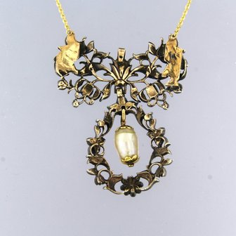 14k goud met zilveren collier bezet met parel en roos cut diamanten - 45 cm