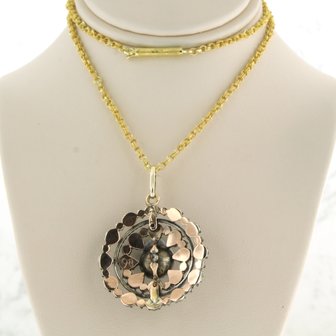 14 kt gold necklace with a gold/silver entourage pendant set with rose diamonds