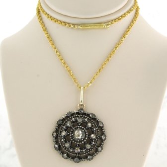 14 kt gold necklace with a gold/silver entourage pendant set with rose diamonds