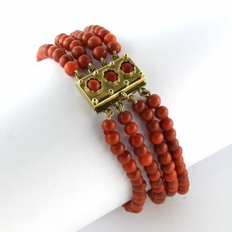 4 - strand red coral antique bracelet with a 14k antique lock