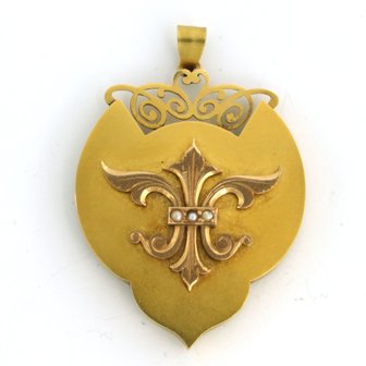 18k geel gouden medaillon hanger bezet met parels - afm. 5.3 cm x 3.6 cm
