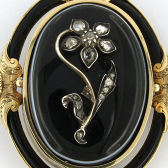 goud met zilver broche bezet met onyx en roos diamanten