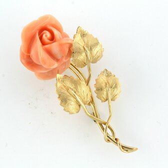 18k gold brooch with a coral rose head cut