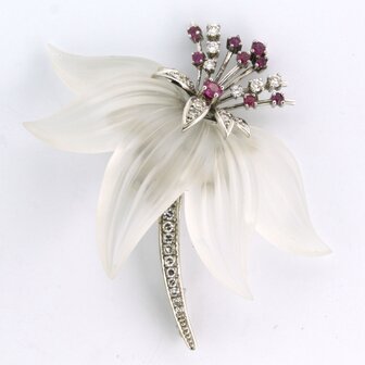 14 kt gold brooch with rock crystal, ruby ​​and brilliant/single cut diamond