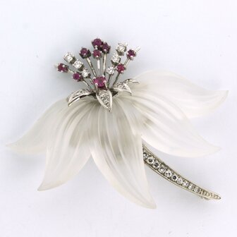 14 kt gold brooch with rock crystal, ruby ​​and brilliant/single cut diamond