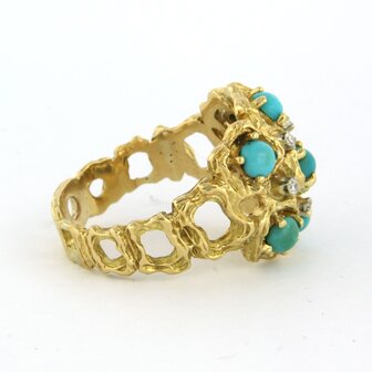 18k bicolor gouden ring bezet met turquoise en single cut geslepen diamant tot. 0,05ct