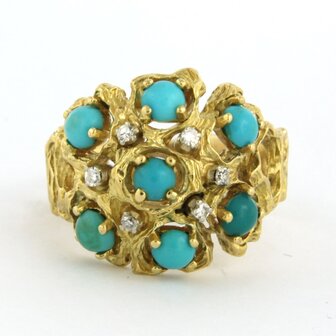 18k bicolor gouden ring bezet met turquoise en single cut geslepen diamant tot. 0,05ct