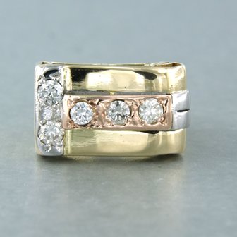 14 kt three-tone gold ring set with a brilliant cut diamond tot. 0.50ct
