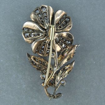 14k goud met zilver broche bezet met roos en old mine cut geslepen diamanten