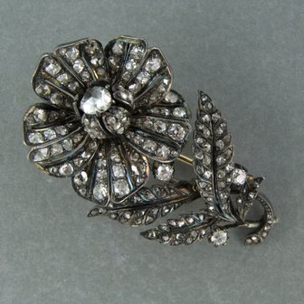 14k goud met zilver broche bezet met roos en old mine cut geslepen diamanten