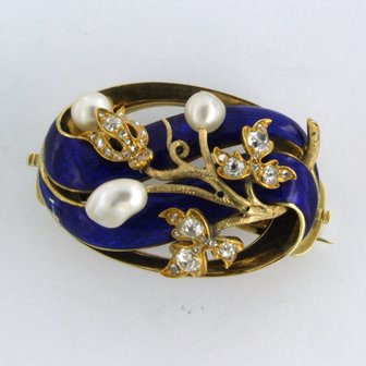 14k gold brooch with enamel, pearl and rose diamond tot. 0.75ct