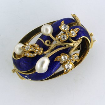 14k gold brooch with enamel, pearl and rose diamond tot. 0.75ct