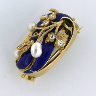 14k gold brooch with enamel, pearl and rose diamond tot. 0.75ct