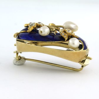 14k gold brooch with enamel, pearl and rose diamond tot. 0.75ct