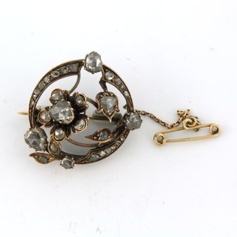 14k geel gouden broche bezet met roos diamanten tot. 0.80ct