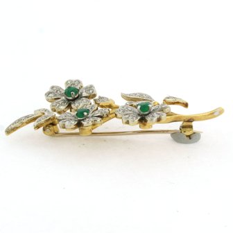 18k bicolor gold branch brooch set with emerald and single cut diamonds