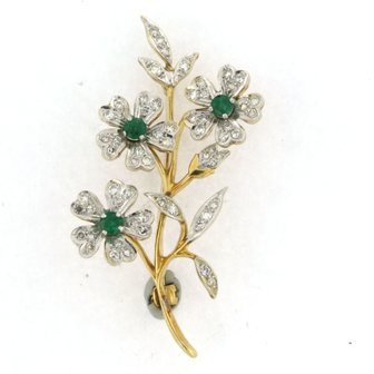 18k bicolor gold branch brooch set with emerald and single cut diamonds