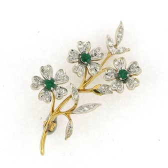 18k bicolor gold branch brooch set with emerald and single cut diamonds