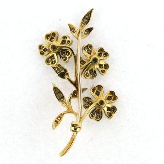 18k bicolor gold branch brooch set with emerald and single cut diamonds