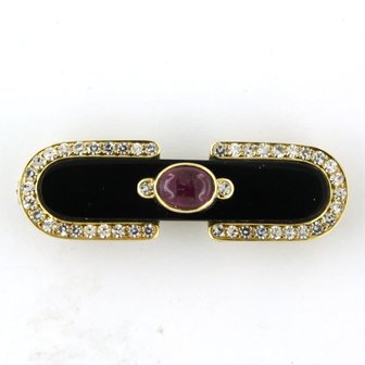 18k yellow gold brooch with onyx, ruby ​​and brilliant cut diamond