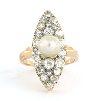 18k rose gold marquise ring set with pearl and Bolshevik cut diamonds tot. 2.00ct