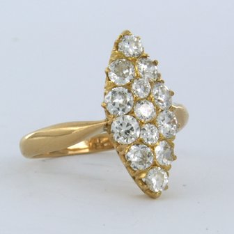 20k rood gouden markies ring bezet met oud Amsterdams geslepen diamant tot. 1,50ct