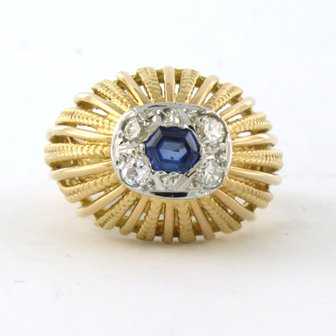 18k bicolour gouden ring bezet met saffier en bolsjewiek geslepen diamant tot. 0,32ct