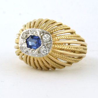 18k bicolour gouden ring bezet met saffier en bolsjewiek geslepen diamant tot. 0,32ct