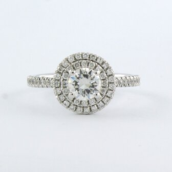 14 kt white gold ring set with a central brilliant cut diamond 0.61 ct and brilliant cut diamonds 0.39 ct