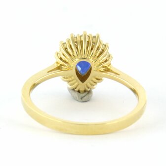 18k geel gouden entourage ring met saffier 0.65 ct en briljant geslepen diamanten 0,26ct
