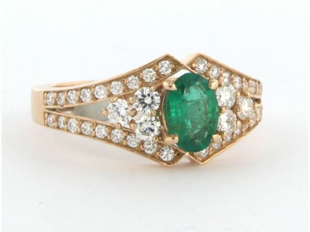 18 kt red gold ring set with emerald and brilliant cut diamond 0.58 ct - rm 17.5 (55)