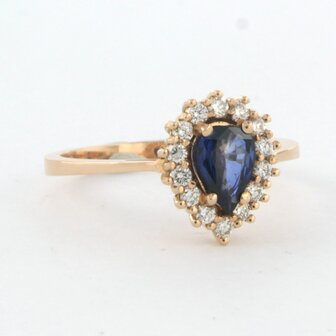 18 kt rose gold entourage ring with central sapphire and brilliant cut diamond 0.26 ct