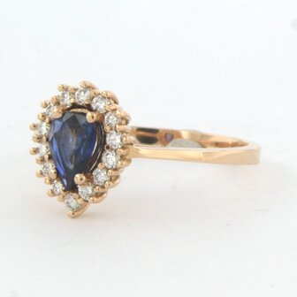 18 kt rose gold entourage ring with central sapphire and brilliant cut diamond 0.26 ct