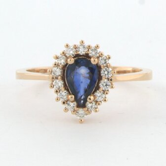 18 kt rose gold entourage ring with central sapphire and brilliant cut diamond 0.26 ct