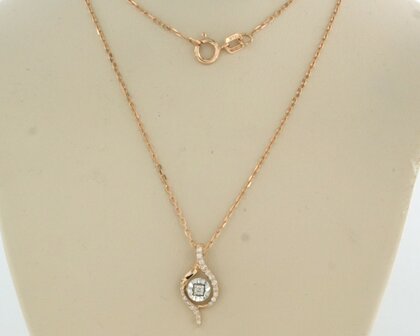 14 kt red gold necklace with bicolour gold pendant with brilliant cut diamond 0.10 ct