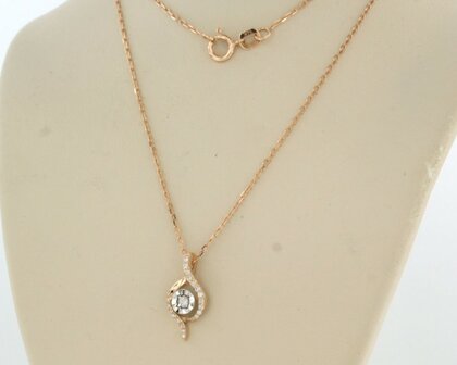 14 kt red gold necklace with bicolour gold pendant with brilliant cut diamond 0.10 ct