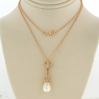 14k ros&eacute; gouden collier met hanger met parel en diamant 0.20 ct