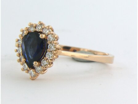 18 kt red gold ring with central sapphire and brilliant cut diamond 0.26 ct