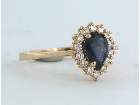 18 kt red gold ring with central sapphire and brilliant cut diamond 0.26 ct