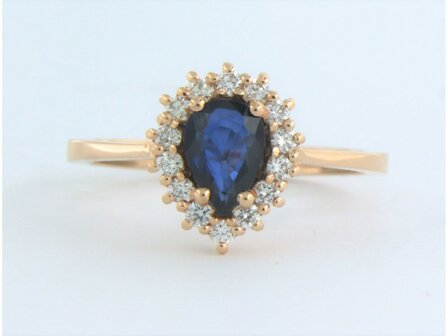 18 kt red gold ring with central sapphire and brilliant cut diamond 0.26 ct