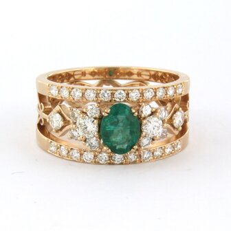 18 kt red gold ring with central emerald and brilliant cut diamond 0.82 ct