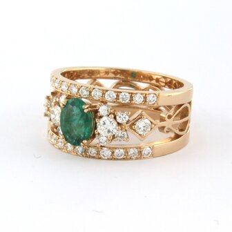 18 kt red gold ring with central emerald and brilliant cut diamond 0.82 ct