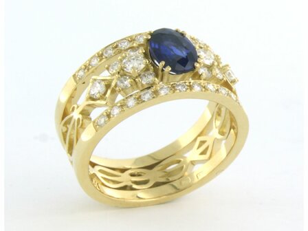 18k geel goud band ring met centraal saffier en briljant geslepen diamant 0.78ct