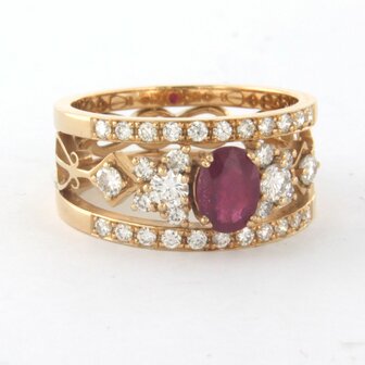 18 kt red gold ring with central ruby and brilliant cut diamond 0.82 ct