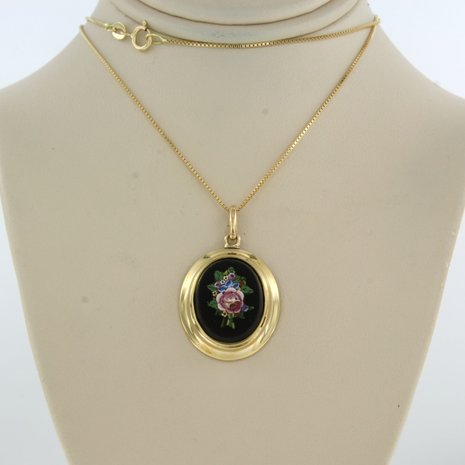 18k gouden collier met hanger met onyx en micro mozaiek in een vorm van een bloem
