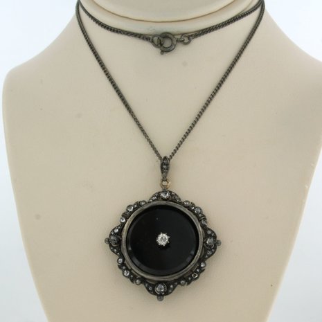 Silver necklace and pendant set with onyx, Bolshevik and rose cut diamonds